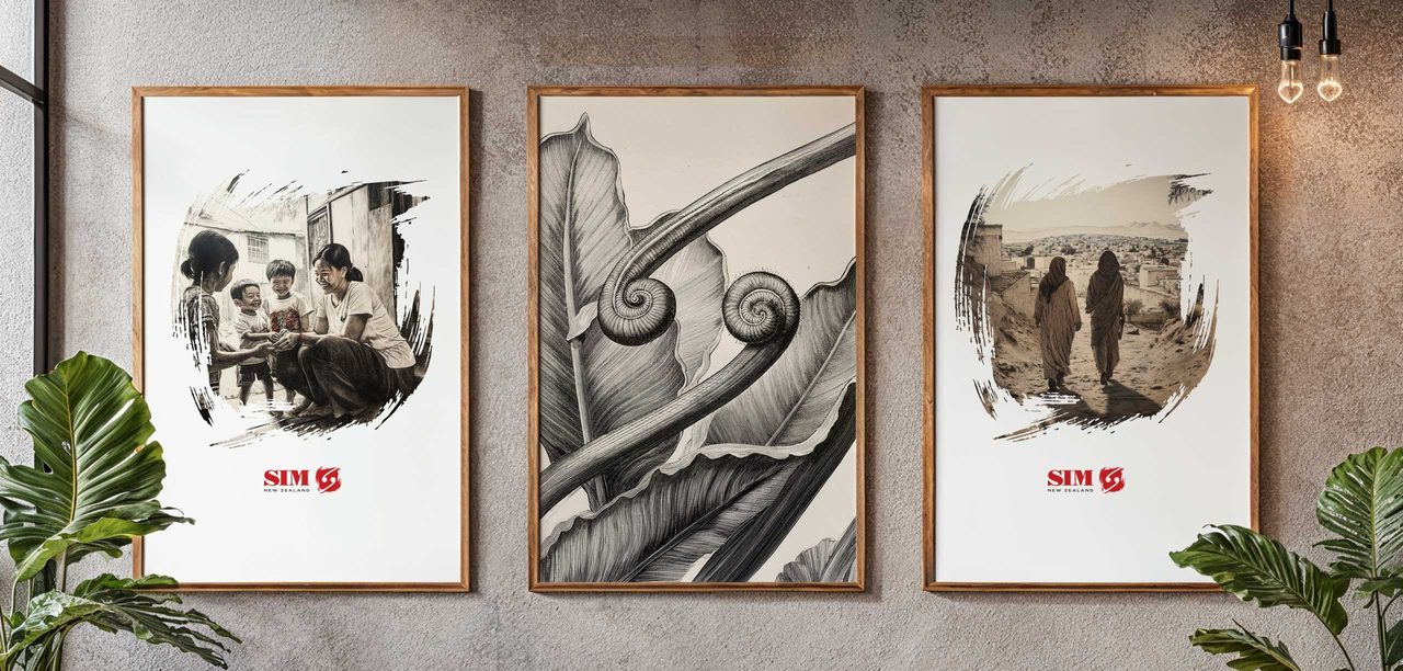 Three framed posters using the brushstroke frame around photographs