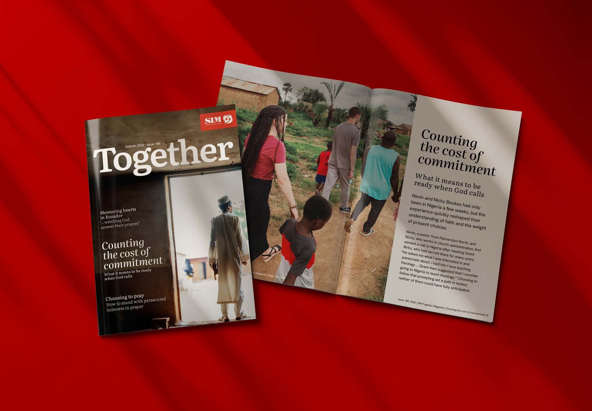 Together magazine issue 189 cover and inside spread on a red background