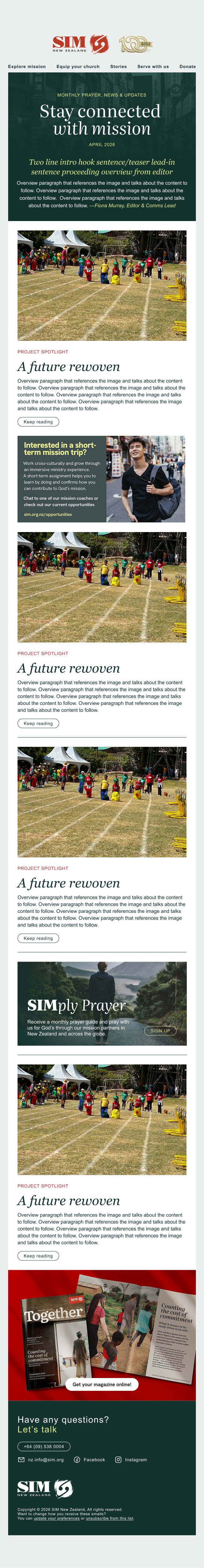The complete SIM New Zealand email template: header, welcome panel, stories, invitation, SIMply Prayer banner, Together magazine and footer